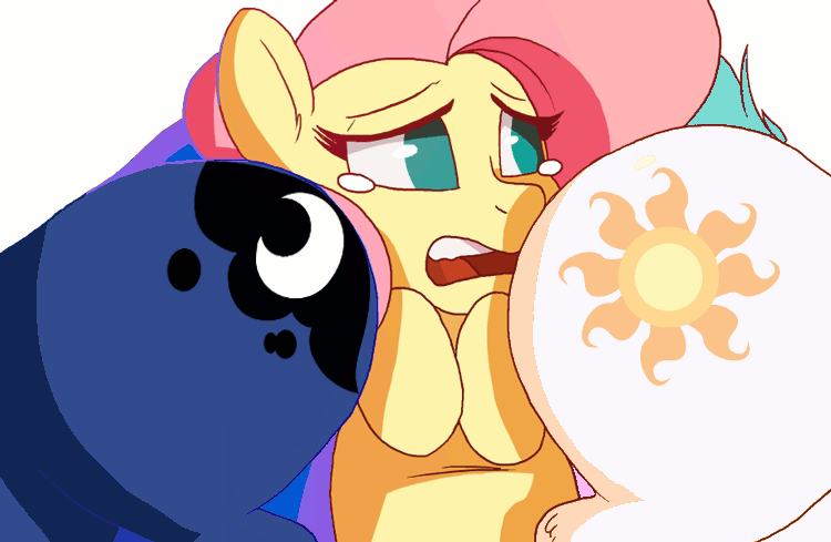 Size: 750x489 | Tagged: safe, artist:zonkpunch, derpibooru import, edit, fluttershy, princess celestia, princess luna, pony, adorable distress, animated, blinking, bully, bullying, butt bump, crying, cute, facesitting, female, flutterseat, frame by frame, frown, funny, funny as hell, gif, moonbutt, open mouth, plot, plot sandwich, recolor, royal sisters, shyabetes, simple background, squishy cheeks, stuck, sunbutt, white background