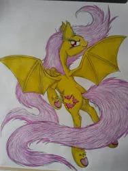 Size: 1024x1365 | Tagged: safe, artist:penkatshi, derpibooru import, fluttershy, bat pony, pony, flutterbat, flying, looking at you, looking back, rear view, red eyes, simple background, solo, spread wings, traditional art, underhoof