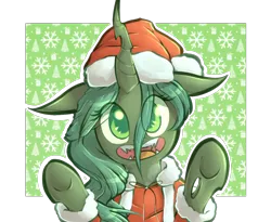 Size: 1230x1010 | Tagged: adorkable, artist:spikedmauler, christmas tree, clothes, cute, cutealis, derpibooru import, dork, fangs, hat, looking at you, open mouth, queen chrysalis, safe, santa costume, santa hat, snow, snowflake, solo