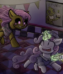 Size: 1100x1300 | Tagged: artist:askfluttershypsycho, artist:spikedmauler, chase, chica, chicashy, collaboration, crossover, derpibooru import, duo, five nights at freddy's, flashlight (object), floppy ears, flutterchica, fluttershy, glowing eyes, grin, levitation, looking back, magic, open mouth, running, safe, scared, screaming, smiling, sweetie belle, telekinesis, wide eyes