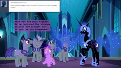 Size: 1280x721 | Tagged: safe, artist:hakar-kerarmor, derpibooru import, nightmare moon, oc, oc:arrowhead, oc:bastion, oc:monolith, oc:nors, bat pony, pony, ask four inept guardponies, alternate timeline, bomb, nightmare takeover timeline, oh crap face, royal guard, salute, sleeping, this will end in explosions, unibat, weapon