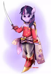 Size: 741x1077 | Tagged: safe, artist:pika-chany, derpibooru import, twilight sparkle, pony, bipedal, crossover, final fantasy, final fantasy vi, sash, solo, sword, terra branford, weapon