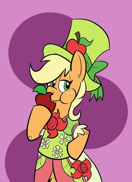 Size: 576x792 | Tagged: safe, artist:pembroke, derpibooru import, applejack, pony, apple, bipedal, clothes, dress, food, hat, solo, top hat