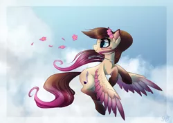 Size: 1280x914 | Tagged: artist:skjolty, cloud, derpibooru import, flower, flying, oc, oc:sapphire feather, safe, solo, unofficial characters only