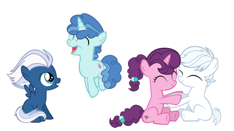 Size: 1920x1080 | Tagged: artist:avisola, colt, cute, daaaaaaaaaaaw, dead source, derpibooru import, double dawwmond, double diamond, equal four, eyes closed, favorbetes, filly, glideabetes, grin, hug, night glider, open mouth, party favor, pronking, safe, simple background, sitting, smiling, sugar belle, sugarbetes, transparent background, vector, younger