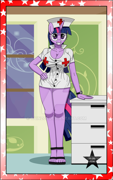 Size: 600x952 | Tagged: suggestive, artist:sonork91, derpibooru import, twilight sparkle, anthro, plantigrade anthro, unicorn, bedroom, breasts, busty twilight sparkle, female, high heels, hospital, looking at you, nurse, sandals, solo, watermark