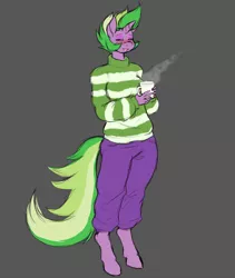 Size: 800x950 | Tagged: anthro, artist:lurking tyger, barb, beverage, blushing, breasts, busty barb, clothes, coffee, coffee mug, derpibooru import, drink, eyeshadow, female, makeup, mug, ponified, ponified spike, rule 63, safe, smiling, solo, species swap, spike, sweater