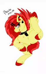Size: 800x1280 | Tagged: arm band, artist:emz2015, covering, derpibooru import, dialogue, ear piercing, fluffy, freckles, heart, jewelry, necklace, oc, oc:ruby splash, piercing, pink eyes, red mane, solo, suggestive, tail covering, unofficial characters only, unshorn fetlocks