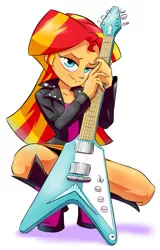 Size: 643x1007 | Tagged: suggestive, artist:lamar_bone, derpibooru import, edit, sunset shimmer, equestria girls, /mlp/, bedroom eyes, clothes, drawthread, female, flying v, guitar, looking at you, simple background, skirt, smiling, solo, solo female, squatting, strategically covered, sunset shredder, upskirt denied, white background