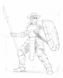 Size: 700x868 | Tagged: applejack, armor, artist:lvl, derpibooru import, human, humanized, monochrome, safe, shield, sketch, solo, spear, sword, weapon