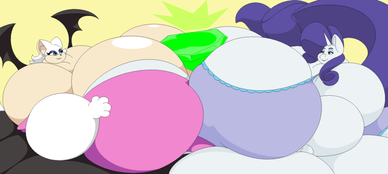 Size: 2000x900 | Tagged: anthro, artist:two-ton-neko, ass, bbw, bedroom eyes, belly, big breasts, breasts, busty rarity, chaos emerald, cleavage, clothes, derpibooru import, fat, female, gem, huge breasts, huge butt, huge tail, impossibly large belly, impossibly large breasts, impossibly large butt, impossibly large everything, impossibly large tail, large butt, master emerald, morbidly obese, obese, questionable, raritubby, rarity, rouge the bat, sonic the hedgehog (series), ssbbw, underwear