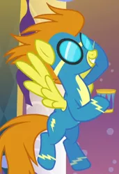 Size: 380x555 | Tagged: safe, derpibooru import, screencap, blaze, rarity investigates, cup, solo, wonderbolts uniform