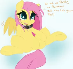 Size: 3000x2849 | Tagged: suggestive, artist:arianfis, artist:grumblepluck, derpibooru import, fluttershy, pegasus, pony, bronybait, collar, featureless crotch, female, flutterpet, pet play, solo, solo female, vector