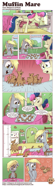 Size: 944x3197 | Tagged: safe, artist:saturdaymorningproj, derpibooru import, bon bon, derpy hooves, sweetie drops, pegasus, pony, apron, clothes, comic, dialogue, female, food, mare, muffin, oven, oven mitts, speech bubble, that pony sure does love muffins