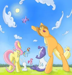 Size: 1047x1100 | Tagged: safe, artist:bgf, derpibooru import, angel bunny, applejack, fluttershy, pinkie pie, rainbow dash, rarity, twilight sparkle, twilight sparkle (alicorn), alicorn, pony, cloud, female, funny, grass, laughing, low angle, mane six, mare, shock, sky, vertigo