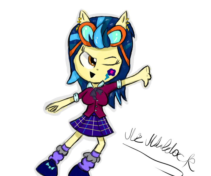 Size: 1024x854 | Tagged: safe, artist:mildockart, derpibooru import, indigo zap, equestria girls, friendship games, chibi, clothes, crystal prep academy, crystal prep academy uniform, cute, cutie mark, cutie mark on equestria girl, doll, earring, equestria girls minis, goggles, piercing, pony ears, school uniform, signature, skirt, solo, thumbs down, toy, wink, zapabetes