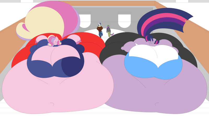 Size: 4821x2674 | Tagged: questionable, artist:two-ton-neko, derpibooru import, princess cadance, shining armor, spike, twilight sparkle, anthro, absurd resolution, ass, bbw, belly, big breasts, breasts, busty princess cadance, busty twilight sparkle, cleavage, clothes, fat, female, huge breasts, huge butt, huge tail, impossibly large belly, impossibly large breasts, impossibly large butt, impossibly large everything, impossibly wide hips, large butt, lovebutt, morbidly obese, obese, princess decadence, scarf, ssbbw, stairs, stuck, sweat, thunder thighs, twibutt, twilard sparkle, walking, wide hips