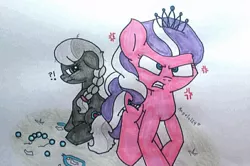 Size: 812x538 | Tagged: angry, artist:angela124, broken, broken glasses, cross-popping veins, derpibooru import, diamond tiara, exclamation point, floppy ears, gritted teeth, interrobang, jewelry, necklace, protecting, question mark, safe, silver spoon