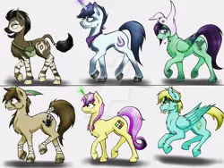 Size: 1024x768 | Tagged: safe, artist:bootsdotexe, derpibooru import, oc, oc:collybree, oc:featherfall, oc:opal, oc:ruby cube, oc:shutterjack, oc:windstrike, unofficial characters only, earth pony, okapi, pegasus, pony, unicorn, bandana, feather, female, goggles, gray background, leg wrapping, male, mare, simple background, stallion, tail wrap