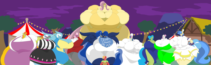 Size: 8051x2500 | Tagged: questionable, artist:two-ton-neko, derpibooru import, big macintosh, bon bon, cheerilee, fleetfoot, fluttershy, photo finish, princess luna, sapphire shores, sweetcream scoops, sweetie drops, tealove, twinkleshine, anthro, earth pony, unicorn, zen and the art of gazebo repair, spoiler:comic09, spoiler:comic10, absurd resolution, apron, ass, bedroom eyes, belly, big breasts, big macintosh gets all the mares, big scoops, bigfinish, bon blob, bonmac, breasts, busty bon bon, busty cheerilee, busty fleetfoot, busty fluttershy, busty photo finish, busty princess luna, busty sapphire shores, busty sweetcream scoops, busty tealove, busty twinkleshine, carnival, cheerimac, chef, chef's hat, cleavage, clothes, curvy, dress, eyes on the prize, fat, female, fleetmac, flutterhulk, fluttermac, frown, giantess, glare, grin, hat, hips, huge, huge breasts, huge butt, hyper, impossibly large belly, impossibly large breasts, impossibly large butt, impossibly large everything, impossibly large thighs, impossibly wide hips, jealous, large butt, lucky bastard, luna's shirt, lunamac, macro, male, moonbutt, morbidly obese, muscles, muscleshy, night, obese, overdeveloped muscles, ponyville, praise the moon, shipping, size difference, smiling, spread wings, straight, t-shirt, teamac, tent, thighs, tree, twinklemac, wall of tags, wide eyes, wide hips, wonderbolts uniform