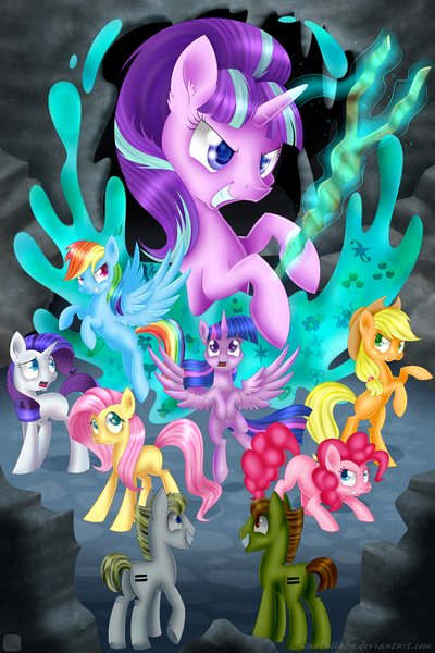 Size: 900x1350 | Tagged: safe, artist:swanlullaby, derpibooru import, applejack, fluttershy, pinkie pie, rainbow dash, rarity, starlight glimmer, twilight sparkle, twilight sparkle (alicorn), alicorn, pony, the cutie map, blank flank, cutie mark theft, female, mane six, mare, s5 starlight, staff, staff of sameness