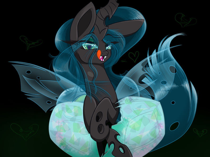 Size: 1200x900 | Tagged: safe, artist:banoodle, derpibooru import, queen chrysalis, bedroom eyes, licking, licking lips, looking at you, solo, tongue out