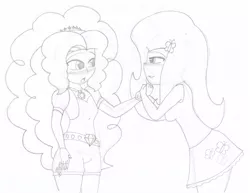 Size: 1024x792 | Tagged: safe, artist:thewanderer93, derpibooru import, adagio dazzle, fluttershy, equestria girls, rainbow rocks, adagioshy, bedroom eyes, black and white, blushing, female, flutterdagio, grayscale, holding hands, lesbian, looking at each other, monochrome, open mouth, shipping, simple background, traditional art, white background