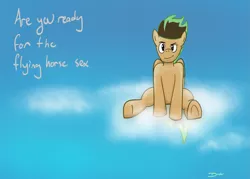 Size: 1225x875 | Tagged: suggestive, artist:drakinite, derpibooru import, oc, oc:dreamsycle, unofficial characters only, pegasus, pony, cloud, digital painting, hooves, joke, looking at you, male, on a cloud, sitting, sitting on cloud, smiling, smirk, solo, stallion, text, wings