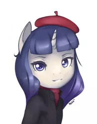 Size: 1280x1643 | Tagged: anthro, artist:pezzhippo, beatnik rarity, beret, clothes, derpibooru import, hat, looking at you, rarity, safe, simple background, solo, white background