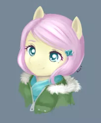 Size: 1280x1563 | Tagged: alternate hairstyle, anthro, artist:pezzhippo, bust, clothes, coat, colored pupils, derpibooru import, fluttershy, hairclip, looking at you, safe, simple background, solo