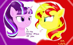 Size: 1280x800 | Tagged: safe, artist:fallenangel5414, derpibooru import, starlight glimmer, sunset shimmer, pony, unicorn, angry, dialogue, drama, drama bait, skub wars, starlight drama, sunset vs starlight debate