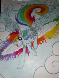 Size: 1024x1365 | Tagged: safe, artist:penkatshi, derpibooru import, rainbow dash, pegasus, pony, chest fluff, flying, sketch, solo, sonic rainboom, traditional art