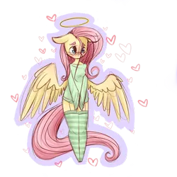 Size: 1280x1280 | Tagged: anthro, artist:breadcipher, blushing, clothes, cute, derpibooru import, floppy ears, fluttershy, halo, heart, loose fitting clothes, safe, simple background, socks, solo, spread wings, stockings, striped socks, sweater, sweatershy, thigh highs, transparent background