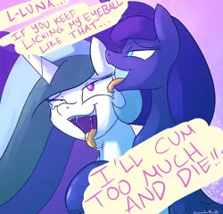 Size: 2500x2400 | Tagged: suggestive, artist:kanashiipanda, derpibooru import, princess celestia, princess luna, alicorn, pony, kanashiipandaverse, ahegao, dialogue, drool, eye licking, eye scream, eyeball licking, female, hentai quotes, incest, lesbian, licking, not salmon, open mouth, princest, shipping, this will end in pinkeye, tongue out, wat, worming