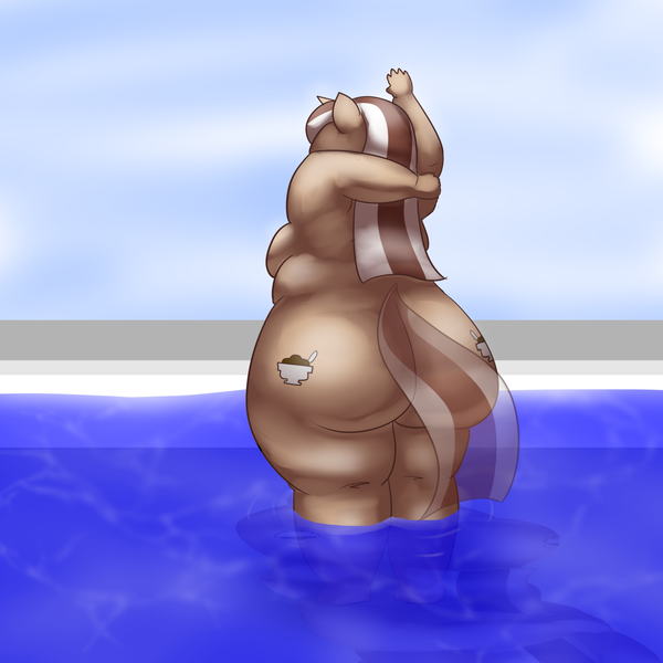 Size: 1280x1280 | Tagged: anthro, artist:glwuffie, ass, bbw, derpibooru import, fat, female, large butt, nudity, oc, oc:hot fudge, questionable, solo, solo female, swimming pool, unofficial characters only, wet