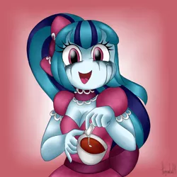 Size: 1024x1024 | Tagged: safe, artist:queentigrel, derpibooru import, sonata dusk, equestria girls, cleavage, clothes, dress, female, food, psychonata dusk, running makeup, solo, tea