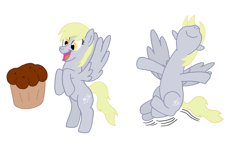 Size: 1280x800 | Tagged: safe, artist:hakar-kerarmor, derpibooru import, derpy hooves, pegasus, pony, dancing, female, food, mare, muffin, peanuts, snoopy, snoopy dance, solo, that pony sure does love muffins