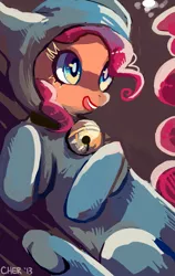 Size: 1215x1920 | Tagged: safe, artist:cherivinca, derpibooru import, pinkie pie, cat, animal costume, bell, bell collar, cat costume, clothes, collar, costume, solo