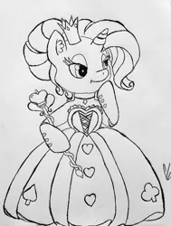 Size: 485x643 | Tagged: safe, artist:gingerthefox, derpibooru import, rarity, pony, alice in wonderland, bipedal, clothes, cosplay, costume, monochrome, queen of hearts, solo
