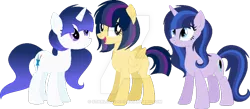 Size: 800x348 | Tagged: safe, artist:t-aroutachiikun, derpibooru import, oc, oc:afternoon glow, oc:eclipse shine, oc:pulsar sketch, unofficial characters only, offspring, parent:flash sentry, parents:flashlight, parent:twilight sparkle, sisters, watermark