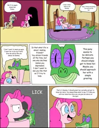 Size: 1024x1322 | Tagged: safe, artist:average-00, derpibooru import, gummy, mayor mare, pinkie pie, comic:opposites, comic, licking, tongue out