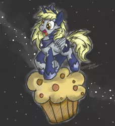 Size: 900x986 | Tagged: artist:flutterthrash, clothes, cosplay, costume, derpibooru import, derpy hooves, food, muffin, princess derpy, princess luna, safe, solo, space, stars, that pony sure does love muffins