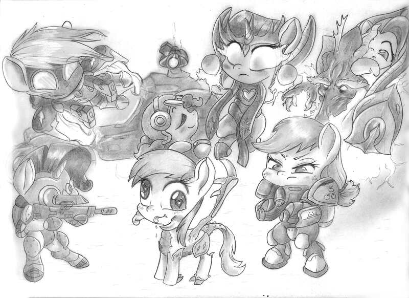 Size: 3507x2550 | Tagged: safe, artist:cross_ornstein, derpibooru import, applejack, derpy hooves, discord, fluttershy, pinkie pie, rainbow dash, rarity, twilight sparkle, ghost, pegasus, pony, zergling, archon, female, grayscale, grim reaper, hellion, high templar, marauder, mare, monochrome, starcraft 2, traditional art