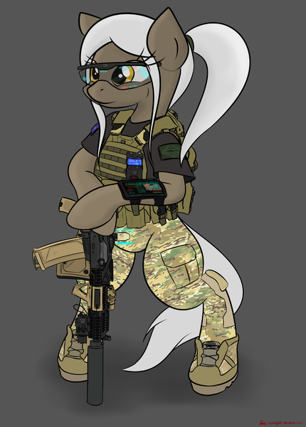 Size: 2706x3775 | Tagged: safe, artist:orang111, derpibooru import, oc, oc:lynn, unofficial characters only, pony, ak-74, ak-74m, assault rifle, bipedal, goggles, gun, holographic sight, hud, magpul, picatinny rail, rifle, solo, suppressor, weapon