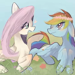 Size: 677x676 | Tagged: safe, artist:kemonomo, derpibooru import, fluttershy, rainbow dash, blushing, duo, floral head wreath, lying down