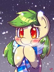 Size: 1200x1600 | Tagged: artist:tikrs007, blushing, clothes, cute, derpibooru import, oc, ocbetes, oc:green cracker, safe, scarf, snow, snowfall, solo, unofficial characters only, winter