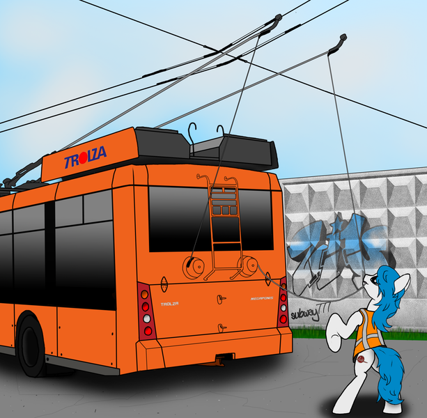 Size: 1806x1768 | Tagged: safe, artist:subway777, derpibooru import, oc, unofficial characters only, earth pony, pony, clothes, graffiti, perm, russia, standing, trolley, trolleybus, vest