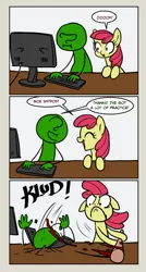 Size: 500x935 | Tagged: semi-grimdark, artist:pencils, color edit, derpibooru import, edit, apple bloom, oc, oc:anon, earth pony, human, pony, :i, :o, abusive pony, anonabuse, baseball bat, blood, colored, comic, computer, eyes closed, floppy ears, frown, glare, justice, missing accessory, op, open mouth, reaction image, shitposting, smiling, vulgar, wide eyes