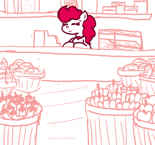 Size: 640x600 | Tagged: safe, artist:ficficponyfic, derpibooru import, earth pony, pony, colt quest, apple, bread, cash register, counter, female, floor, food, heart, lettuce, mare, necklace, pepper, pickles, shelf, shop, store, story included