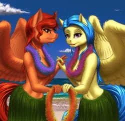 Size: 2937x2847 | Tagged: abs, adorasexy, anthro, anthro oc, artist:mykegreywolf, beach, belly button, clothes, cute, derpibooru import, grass skirt, hula, hula dance, lei, oc, oc:dahlia, oc:surfing blossom, pegasus, sexy, suggestive, topless, unofficial characters only